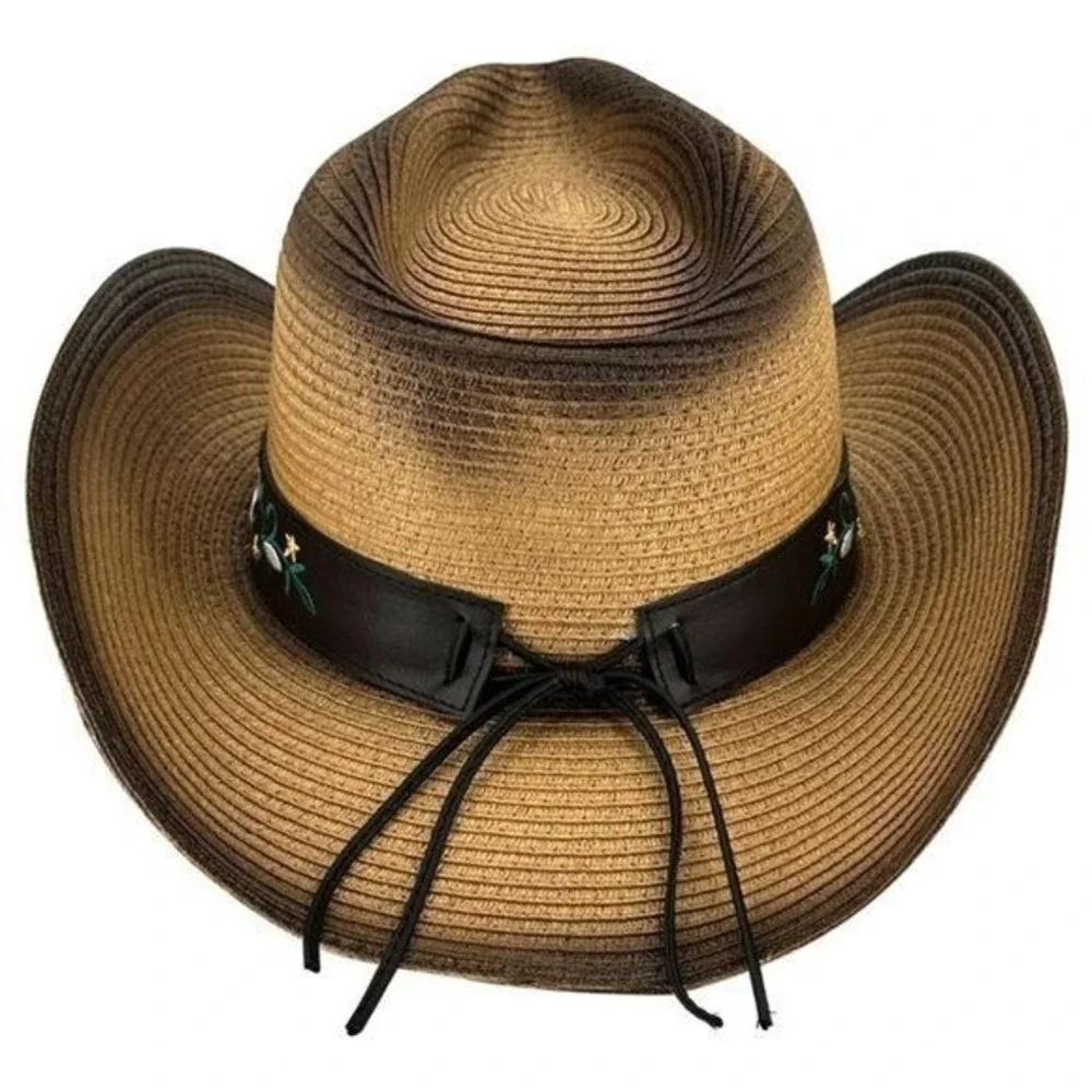 Two Tone Western Paper Straw Cowboy Hat Steer‎ Head Band NWT